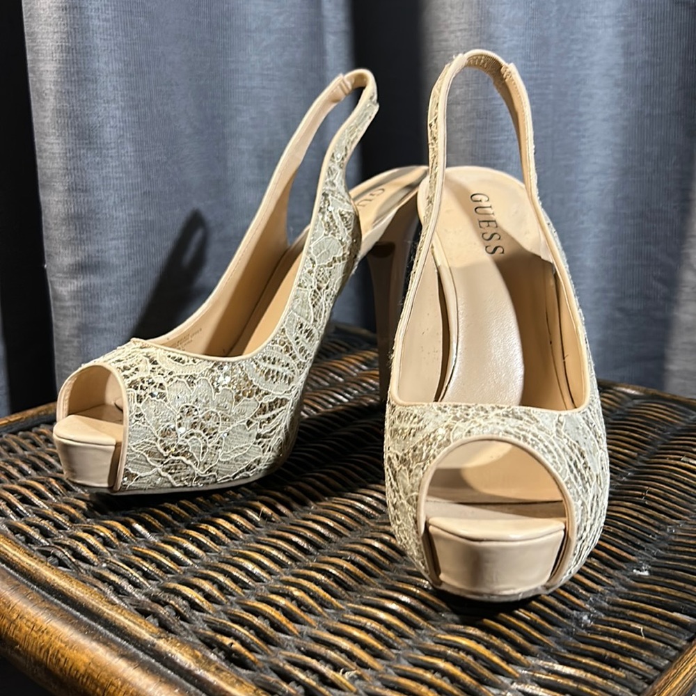 Beige Lace/Gold Sequined Guess Platform Heels